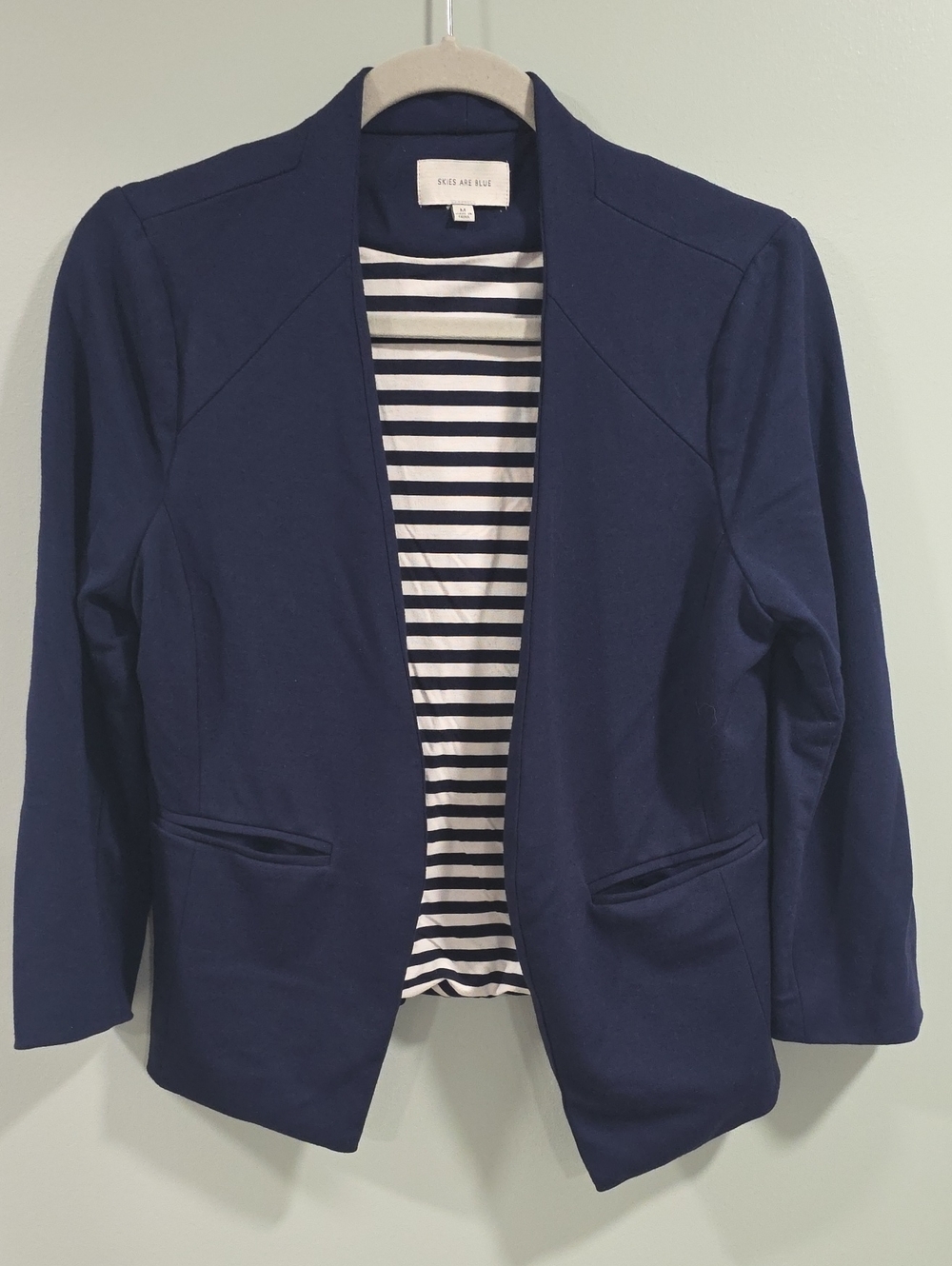 Skies Are Blue Navy Open-Front Blazer with Striped Lining
